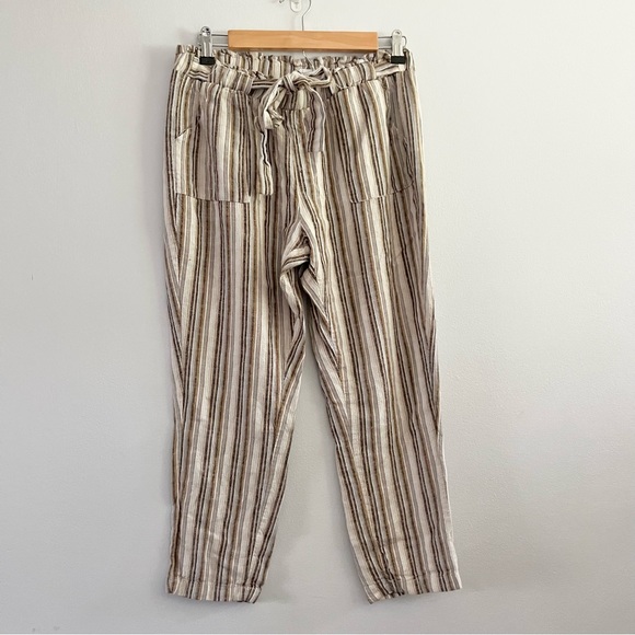 Harmony & Havoc Linen Blend Striped Brown Pants w Drawstring Large Paper Bag Top - Picture 1 of 9